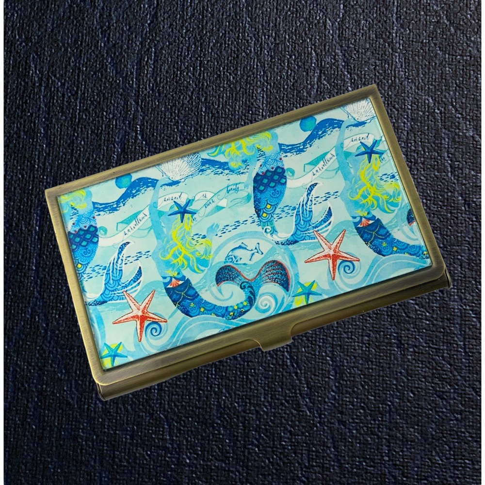 Mermaids & Starfish Business Card Holder Nautical, Brass & Glass Case, Gift Box